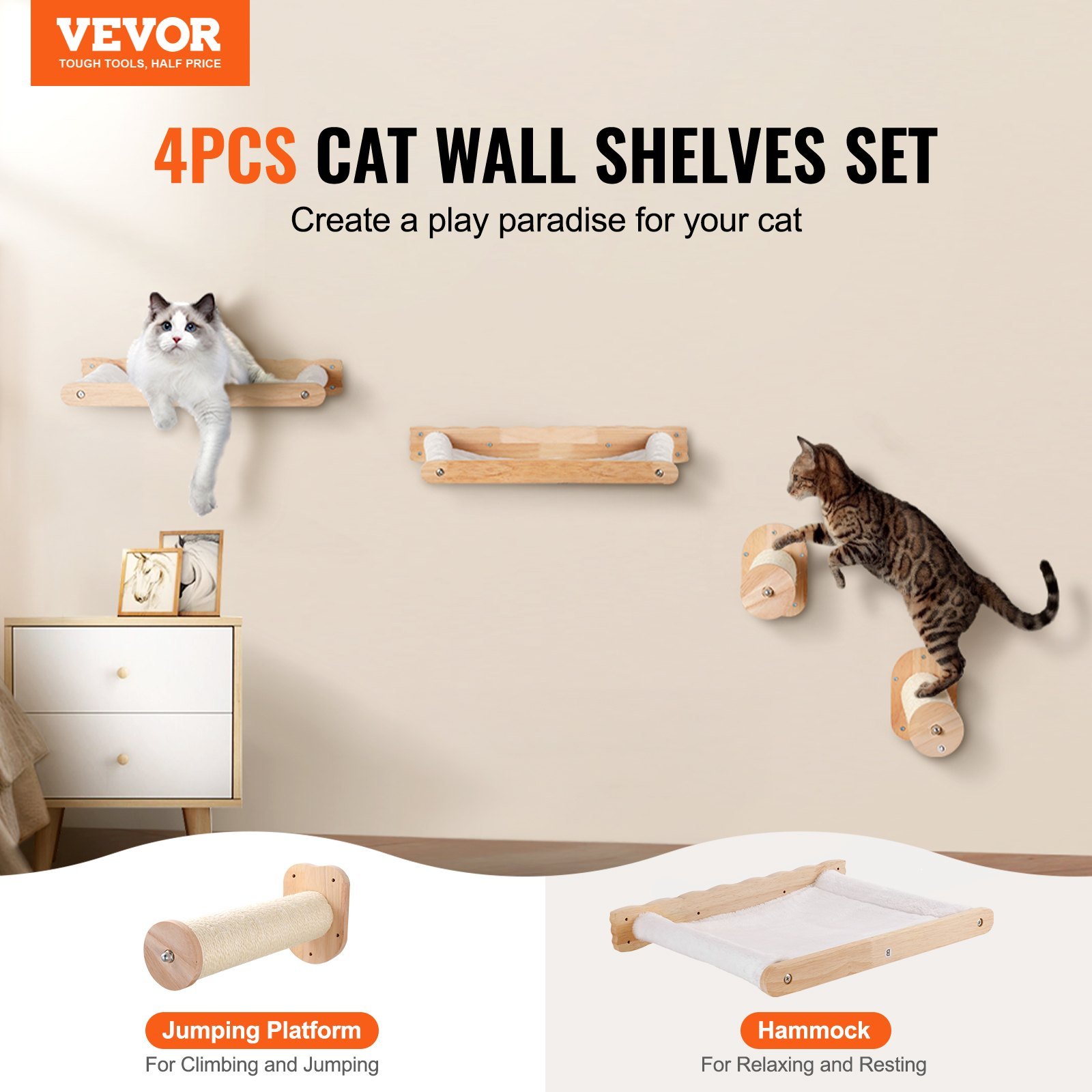 Wall Mounted Cat Shelves, Cat Wall Shelves And Perches With Jumping Posts & Hammocks, Cat Furniture Set Up To 40 Lbs, Removable & Washable Coral Fleece For Sleeping, Playing, Climbing, Set Of 4 - Image 5