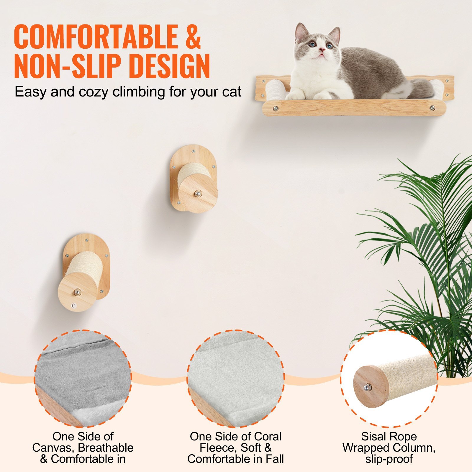 Wall Mounted Cat Shelves, Cat Wall Shelves And Perches With Jumping Posts & Hammocks, Cat Furniture Set Up To 40 Lbs, Removable & Washable Coral Fleece For Sleeping, Playing, Climbing, Set Of 4 - Image 4