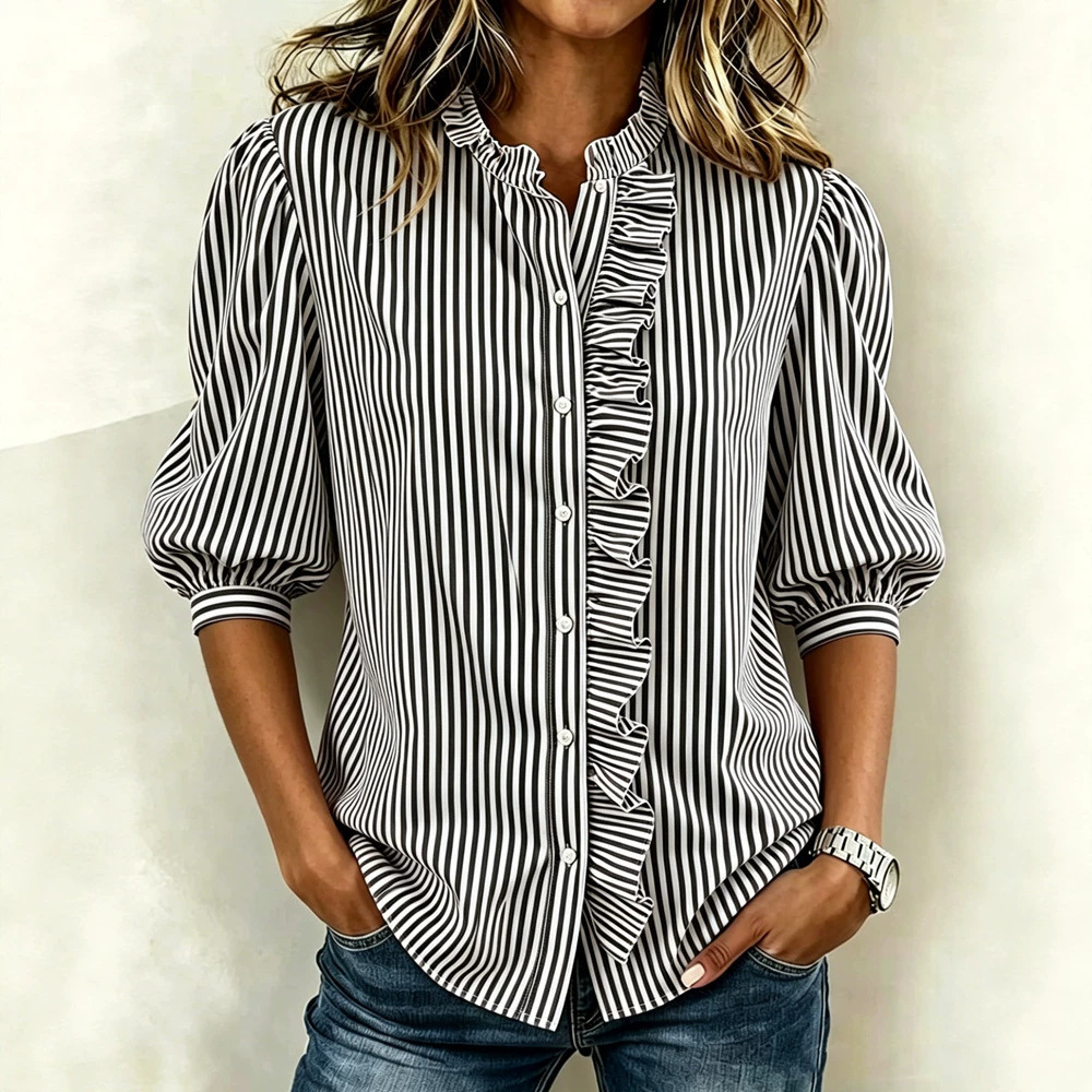 Puff-sleeved Button-up Summer Ruffled-edge Striped Loose-fit Blouse For Women - Image 7