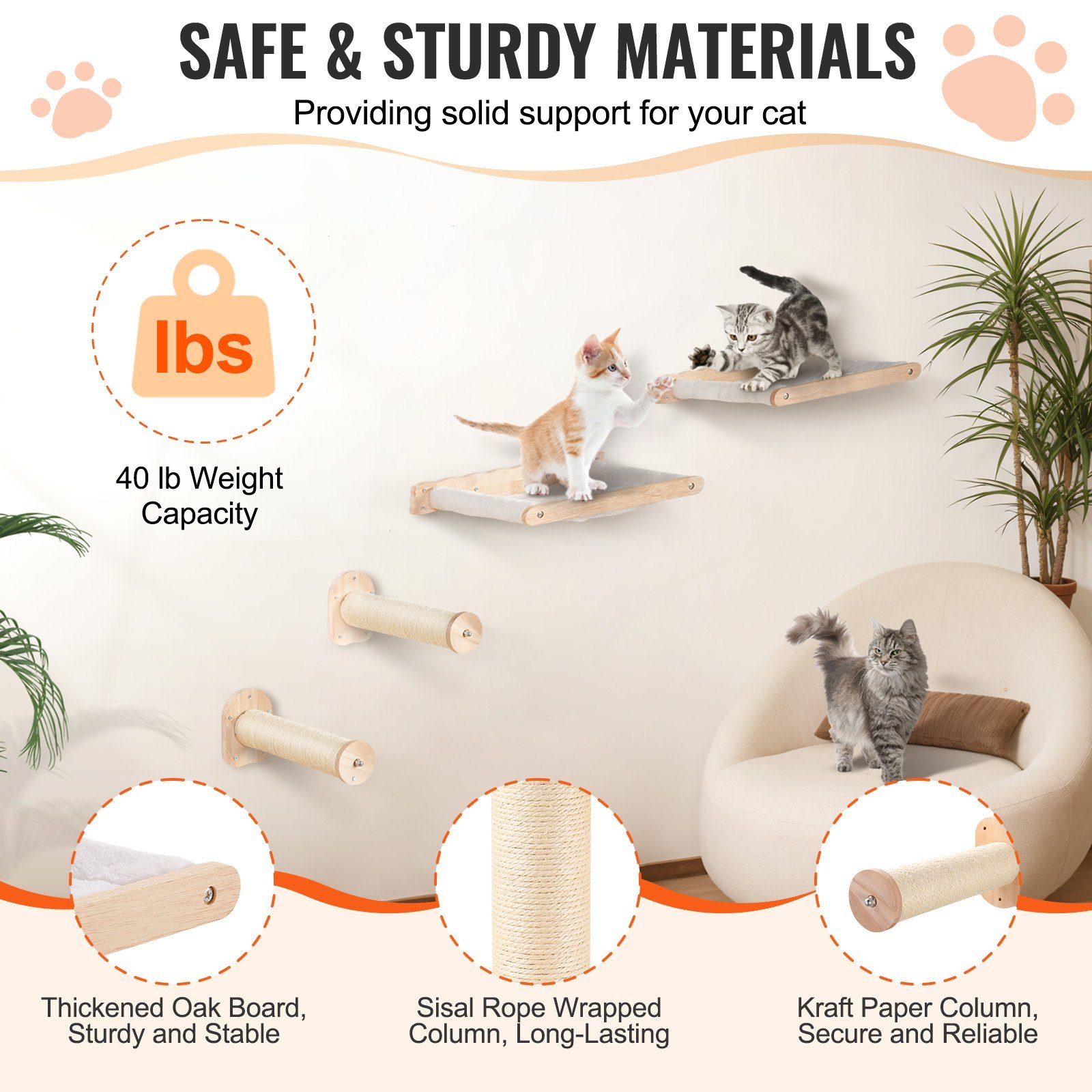 Wall Mounted Cat Shelves, Cat Wall Shelves And Perches With Jumping Posts & Hammocks, Cat Furniture Set Up To 40 Lbs, Removable & Washable Coral Fleece For Sleeping, Playing, Climbing, Set Of 4 - Image 3