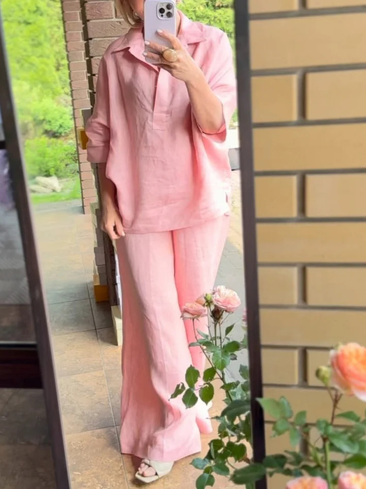 Plus-size Cotton-linen Shirt Set With High-waisted Loose-fitting Trousers - Image 7