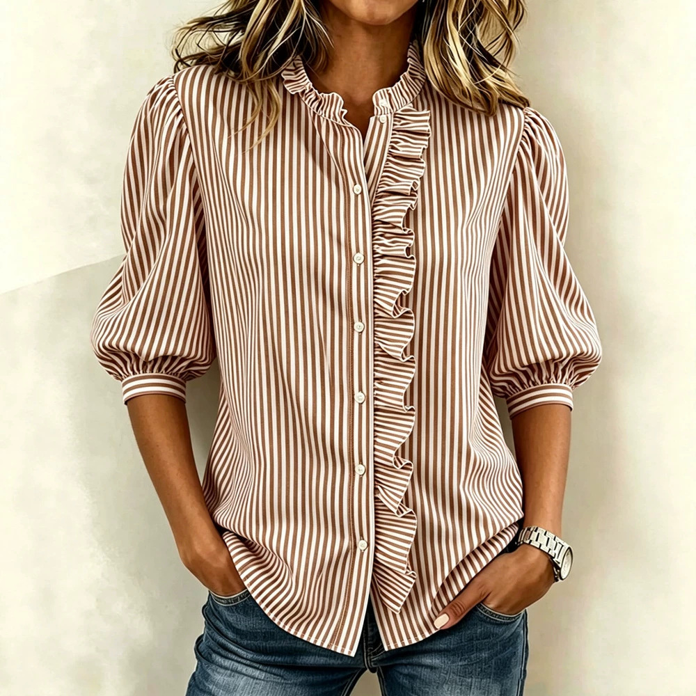 Puff-sleeved Button-up Summer Ruffled-edge Striped Loose-fit Blouse For Women - Image 5