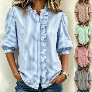 Puff-sleeved Button-up Summer Ruffled-edge Striped Loose-fit Blouse For Women