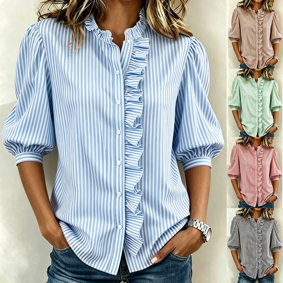 Puff-sleeved Button-up Summer Ruffled-edge Striped Loose-fit Blouse For Women