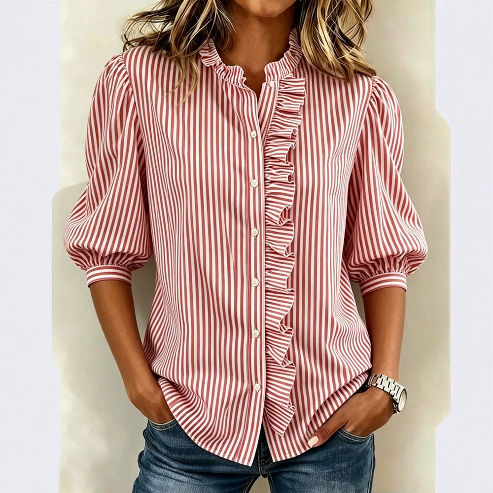 Puff-sleeved Button-up Summer Ruffled-edge Striped Loose-fit Blouse For Women - Image 2