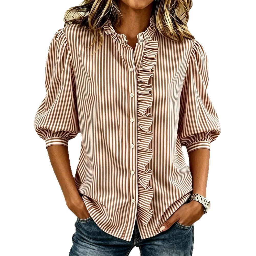 Puff-sleeved Button-up Summer Ruffled-edge Striped Loose-fit Blouse For Women - Image 6