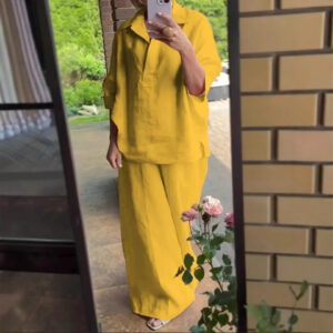 Plus-size Cotton-linen Shirt Set With High-waisted Loose-fitting Trousers