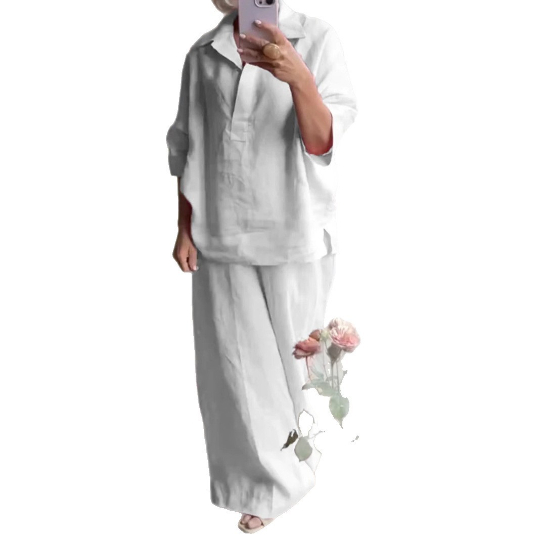 Plus-size Cotton-linen Shirt Set With High-waisted Loose-fitting Trousers - Image 9