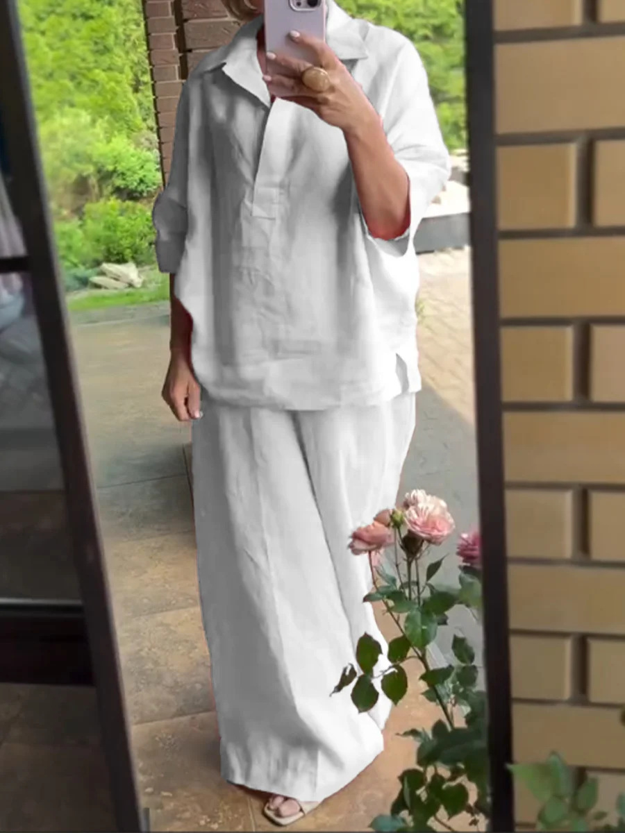 Plus-size Cotton-linen Shirt Set With High-waisted Loose-fitting Trousers - Image 3