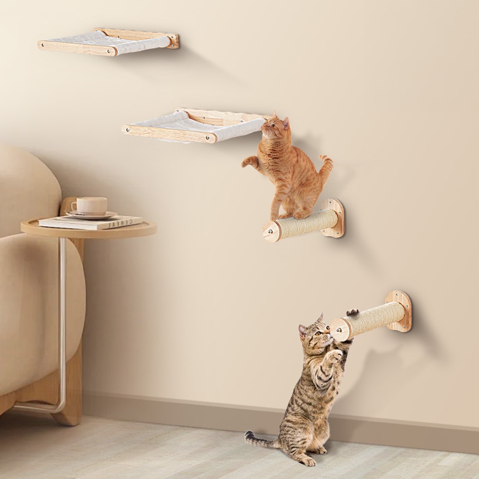 Wall Mounted Cat Shelves, Cat Wall Shelves And Perches With Jumping Posts & Hammocks, Cat Furniture Set Up To 40 Lbs, Removable & Washable Coral Fleece For Sleeping, Playing, Climbing, Set Of 4