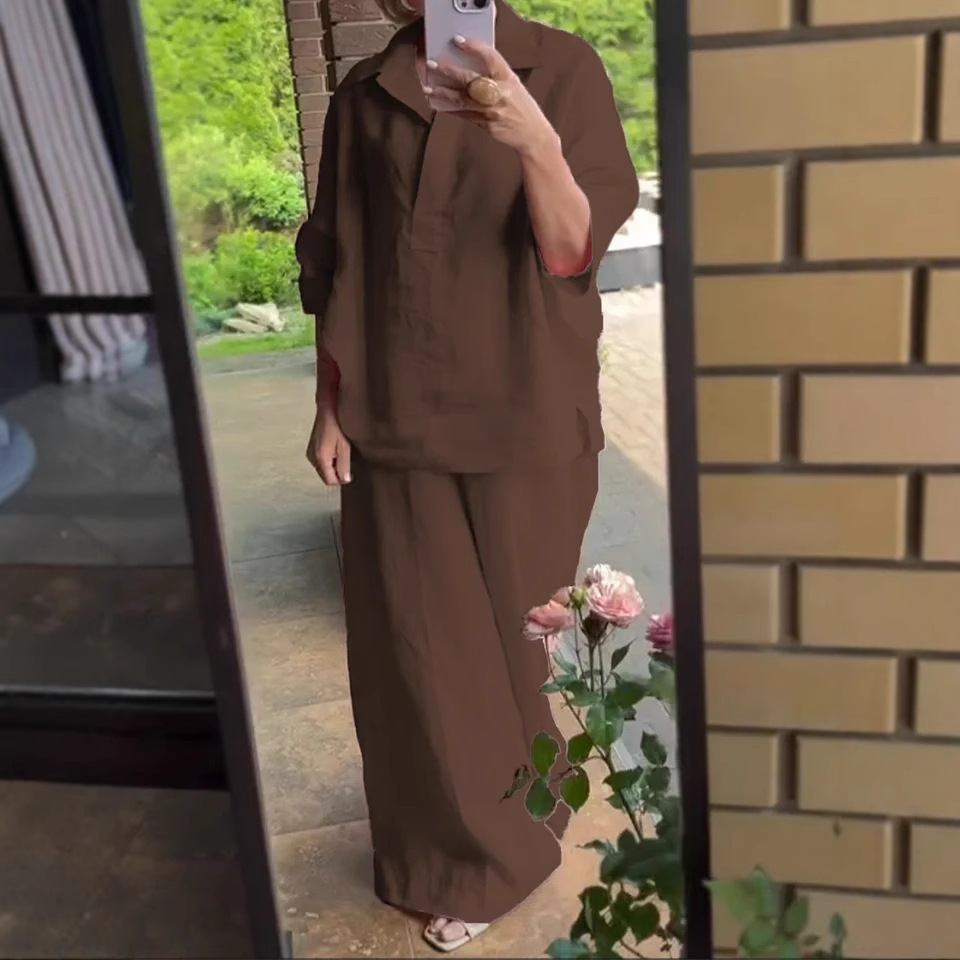 Plus-size Cotton-linen Shirt Set With High-waisted Loose-fitting Trousers - Image 8
