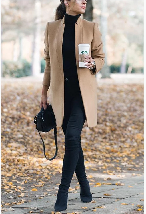 Solid Color Collar Woolen Coat - Image 6