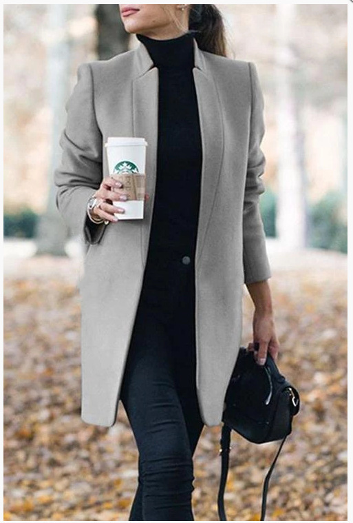 Solid Color Collar Woolen Coat - Image 7
